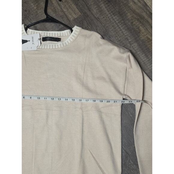 ZESICA Women's Knit Sweater Large Sand Crewneck Long Sleeve Striped Trim NWT - Picture 4 of 5